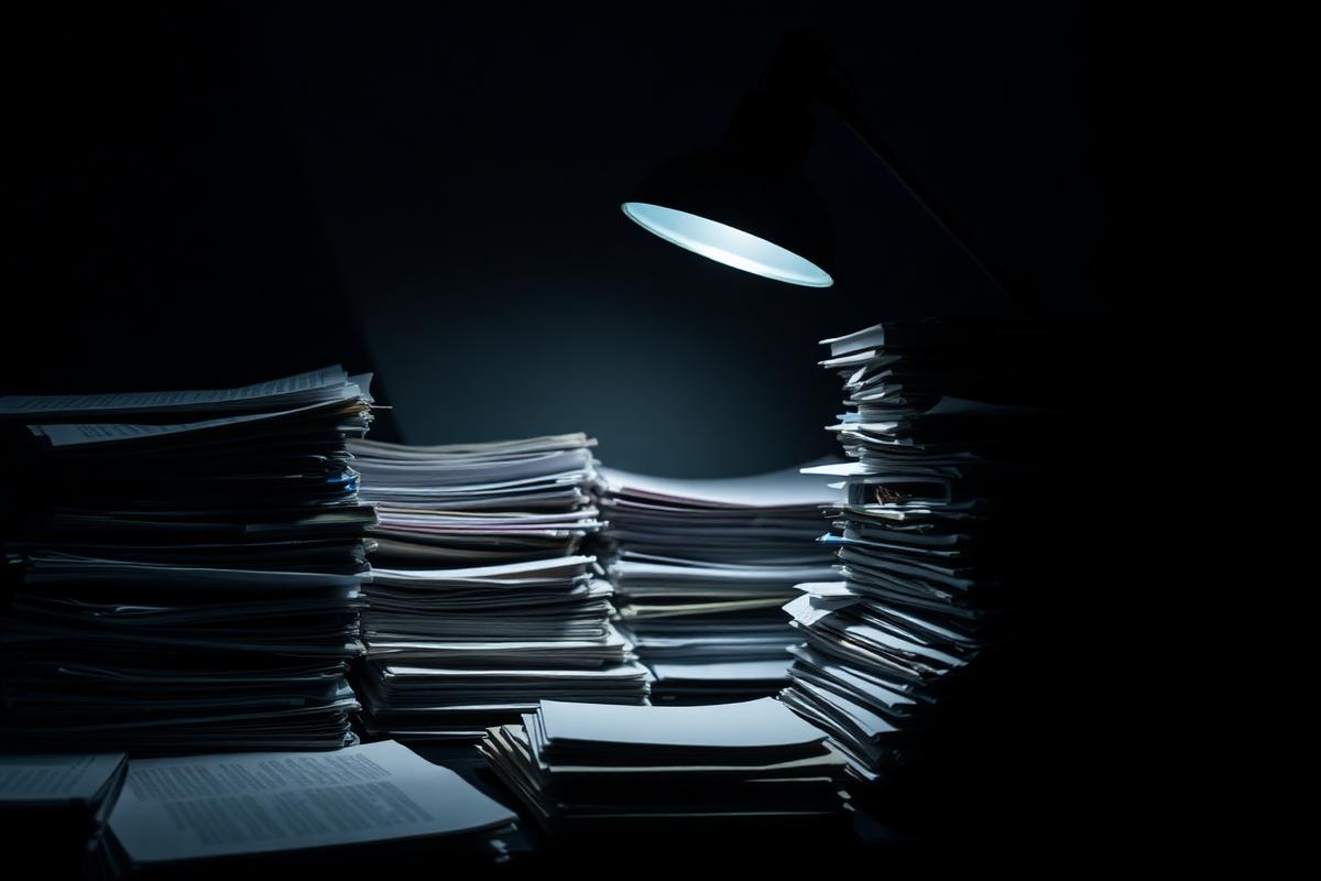 Stacks of documents under a desk lamp