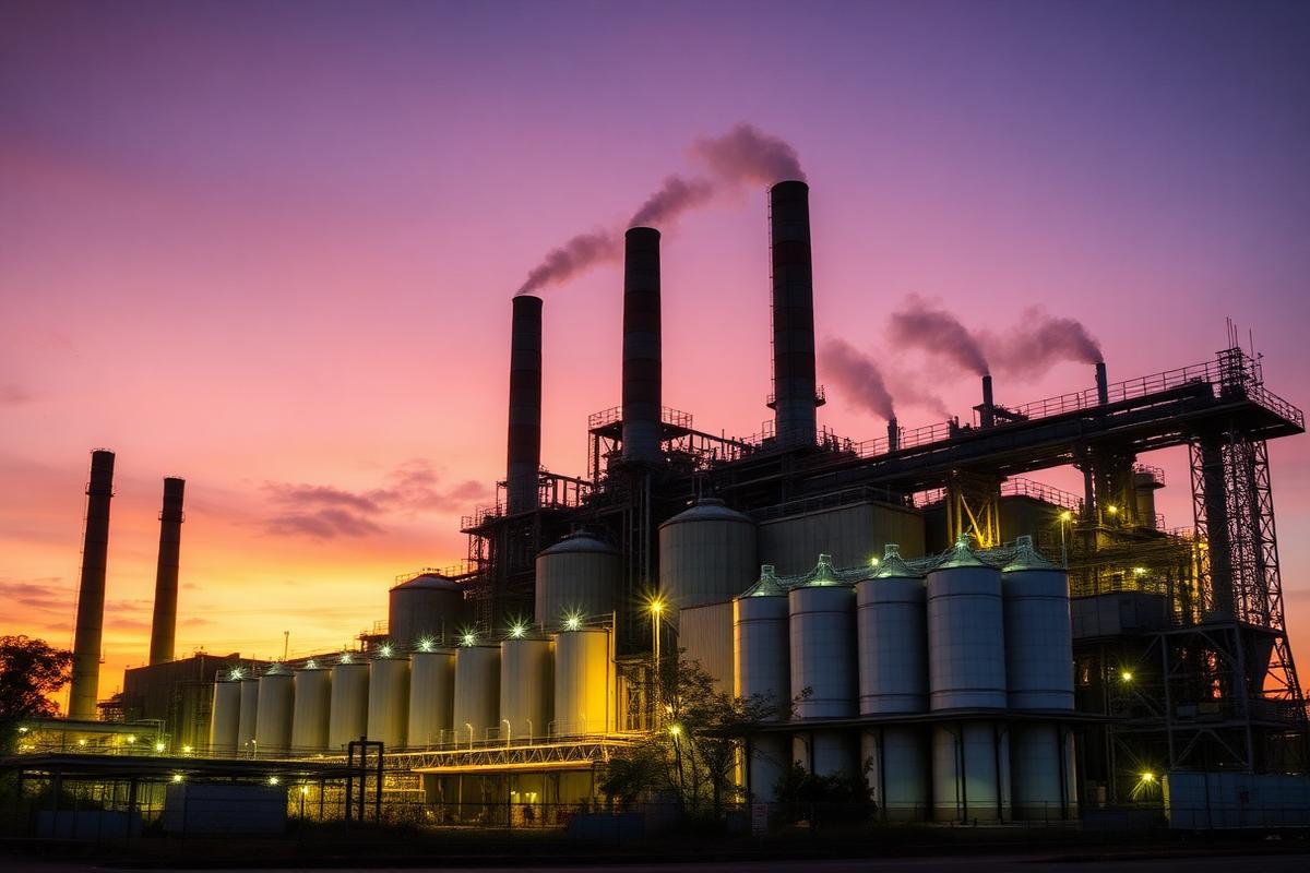 Steel plant exterior at dusk with smokestacks