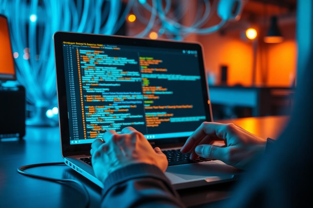 Hands typing on a laptop with code
